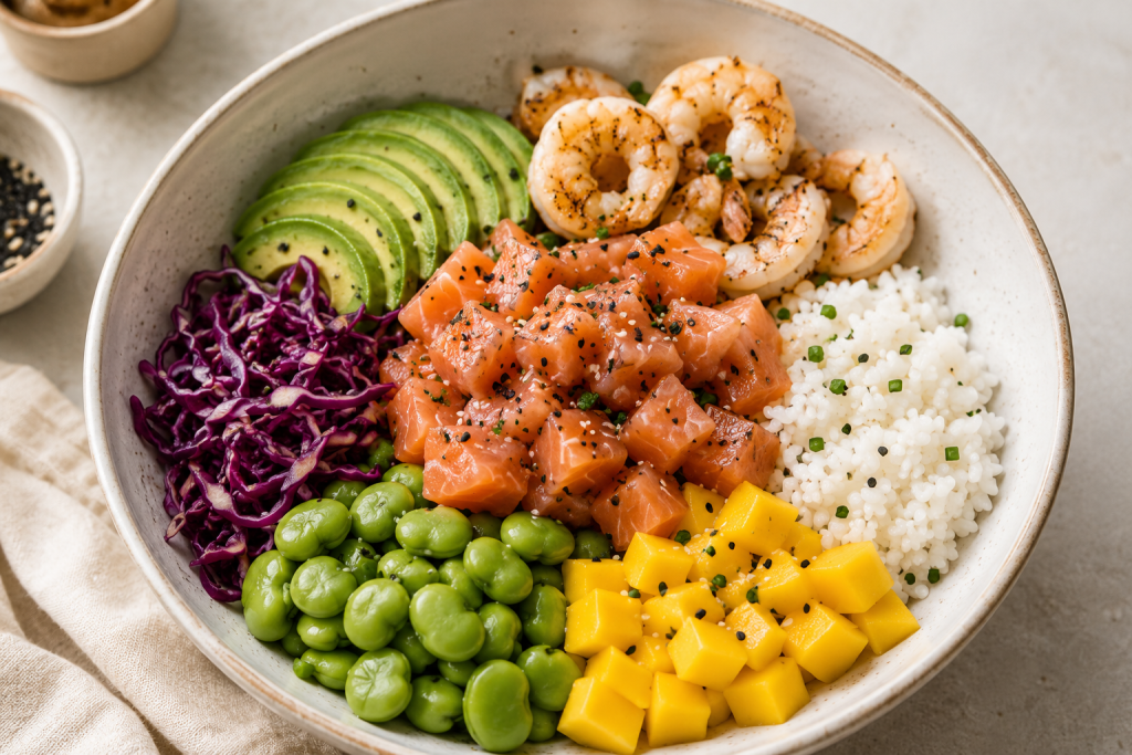 Poke bowl saumon et gambas à emporter à Saint-Tropez