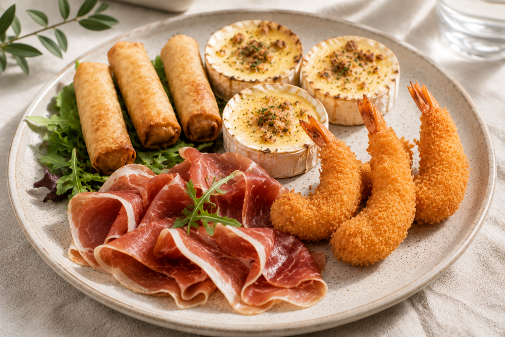 Grande assiette tapas à emporter avec jambon serrano et nems - Vente à emporter Golfe de Saint Tropez