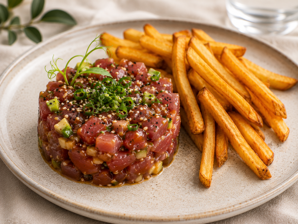 Tartare de thon maison et frites à emporter à Cogolin Golfe de Saint Tropez